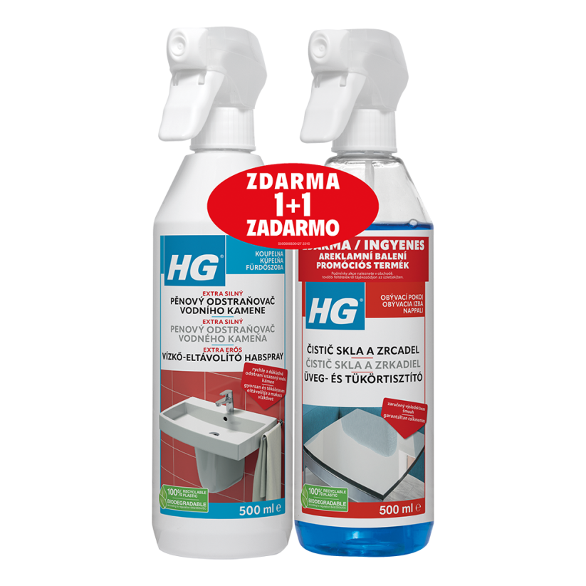 HG Čistič skla a zrcadel 500 ml + HG pěnový čistič vodního kamene 500 ml